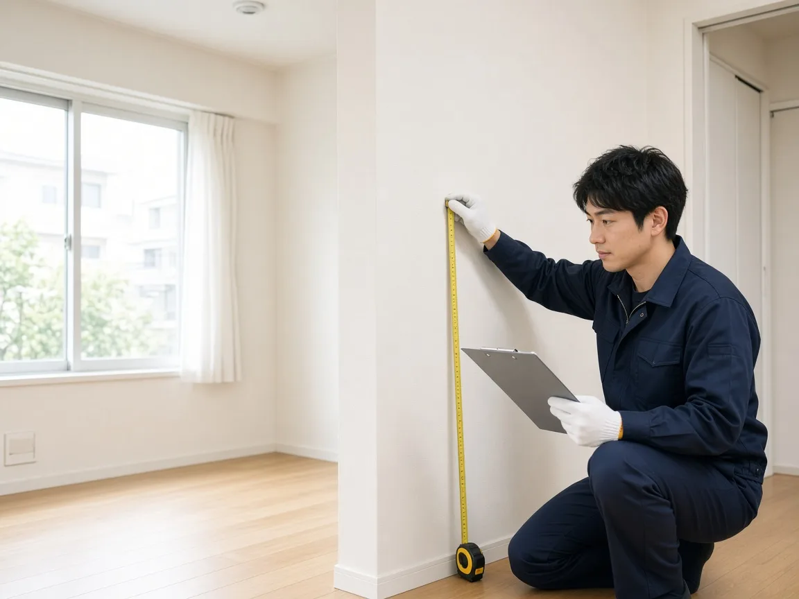 明るい現場で寸法を確認する若い施工担当者